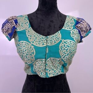 Teal and Blue Embroidered Women's Saree or Crop Top